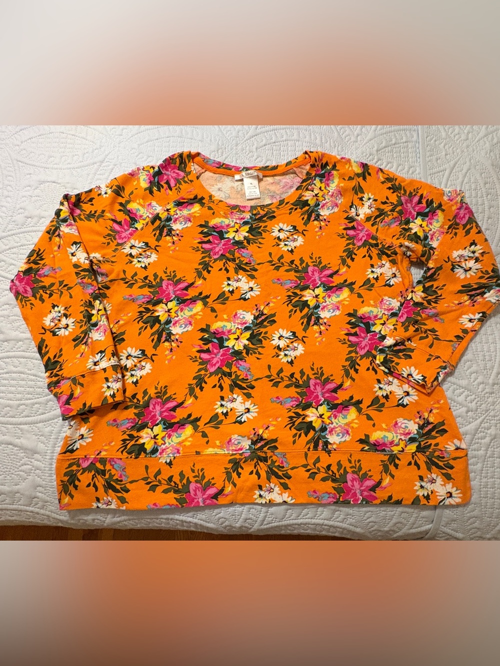 K Jordan Orange Floral Sweatshirt with Pink & White Blooms